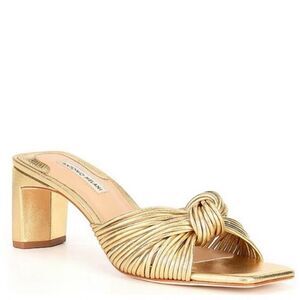 Antonio Melani Gold Knotted Leather Square Toe Sandal Heels Women’s Shoe Size 7